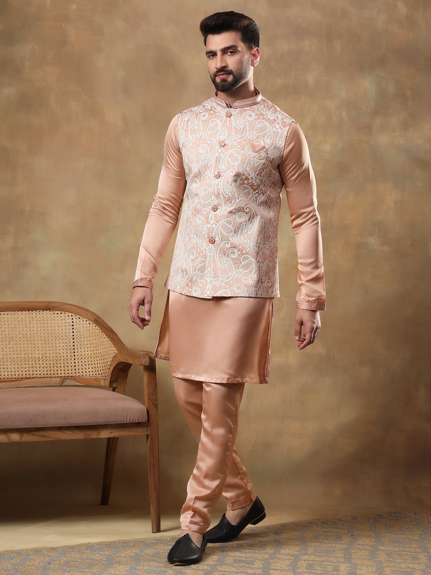LIGHT PEACH MOTIFS EMBOIDERY JACKET SET WITH PEACH KURTA