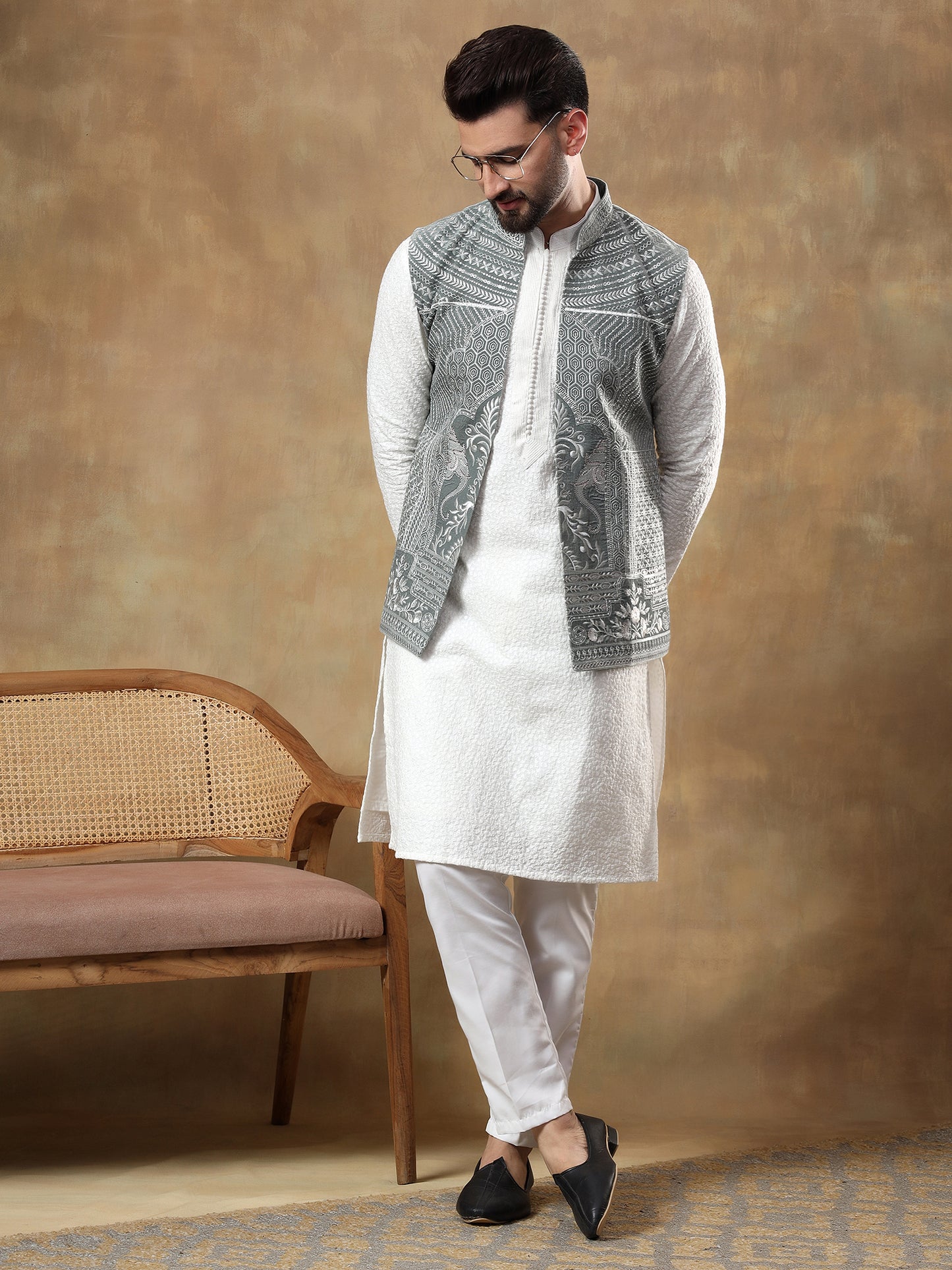 FERN GREEN THREAD EMBROIDERED JACKET WITH WHITE CHIKANKARI KURTA SET