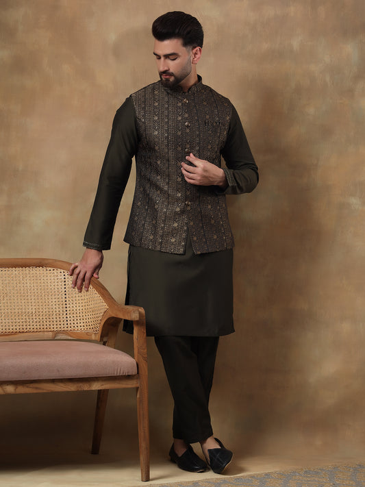 Bottle Green Belbuti Patterned Kurta Jacket Set
