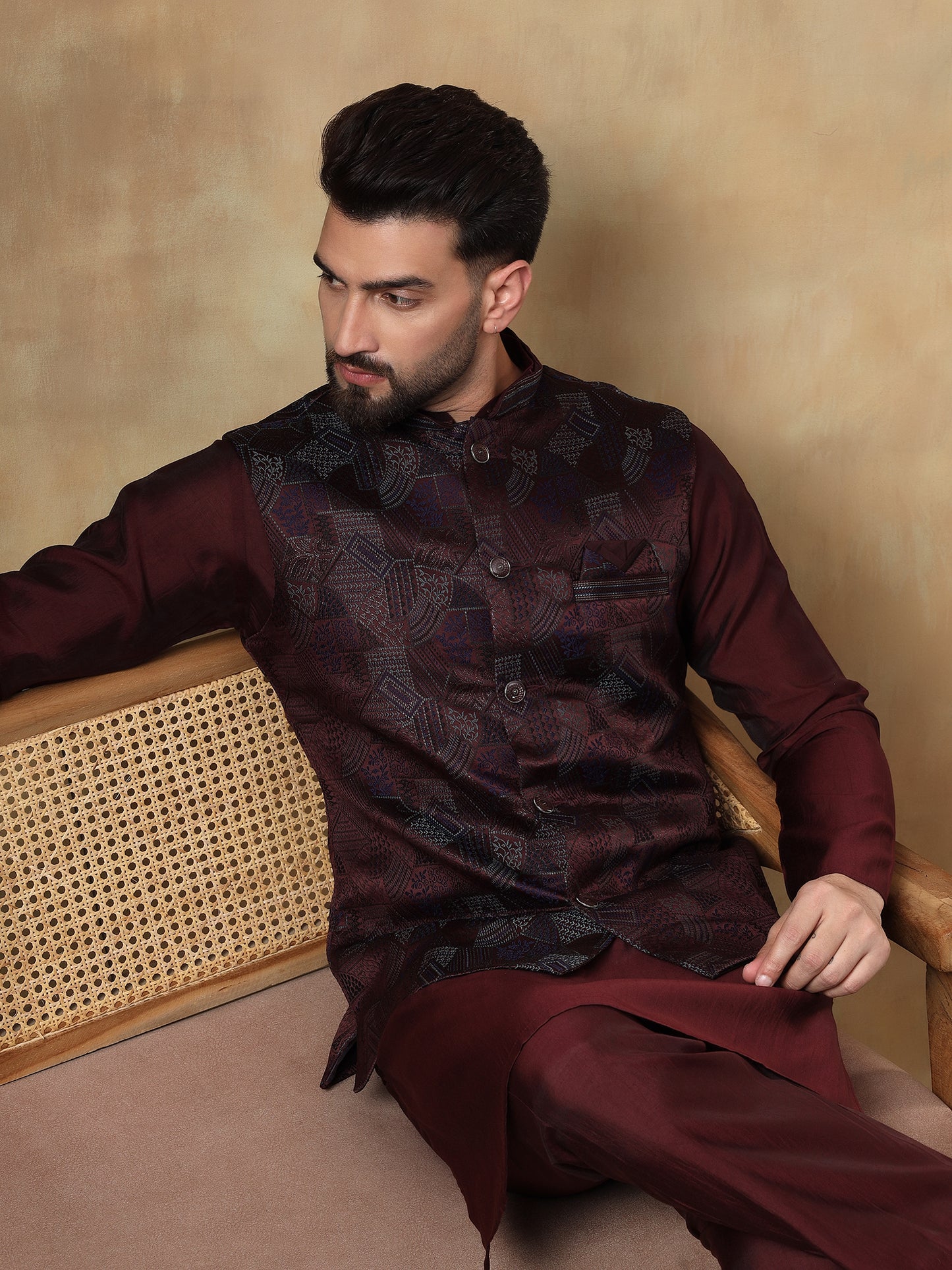 Deep Wine Grid Patterned Kurta Set