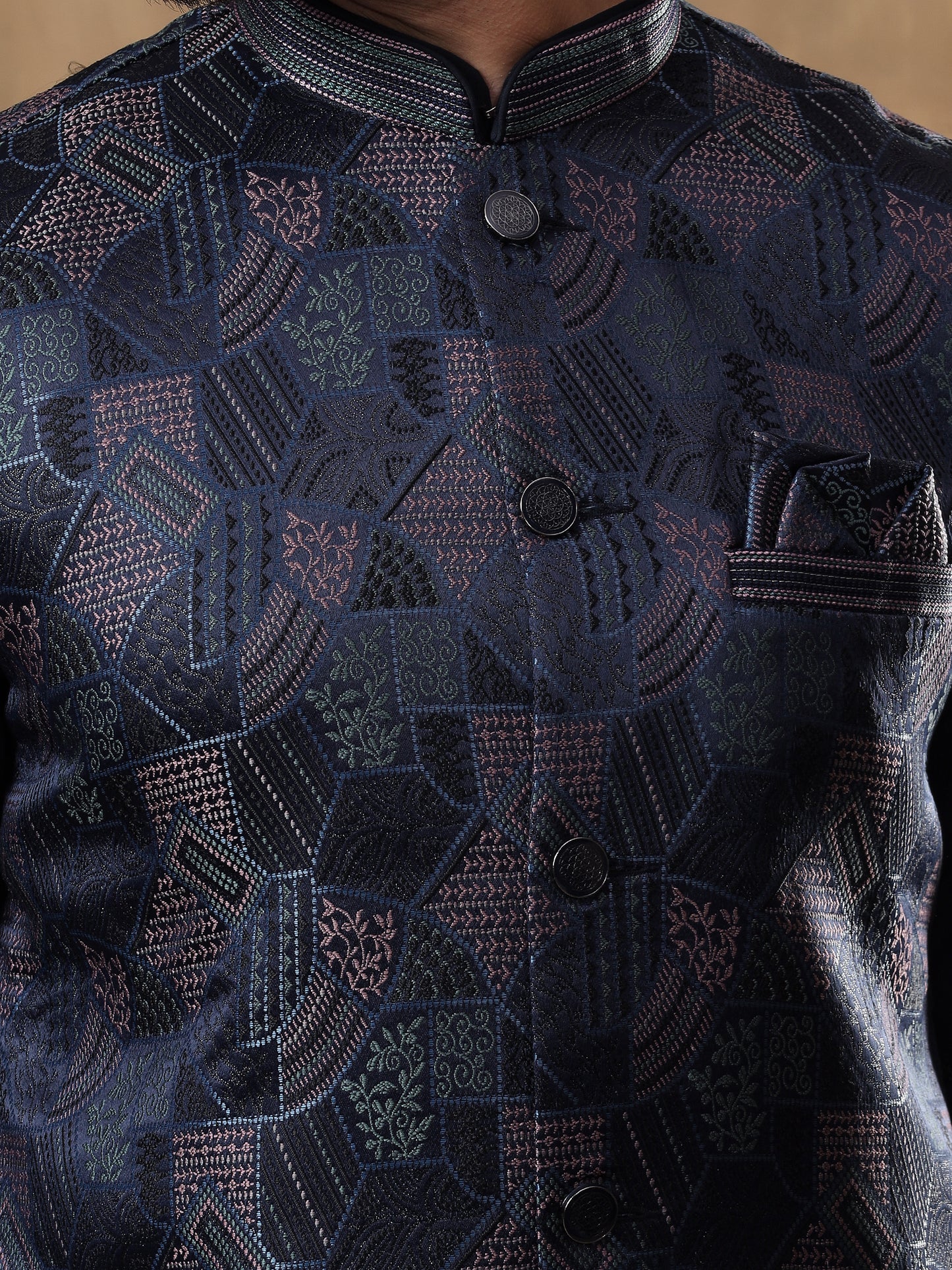 IMPERIAL BLUE GRID PATTERNED KURTA JACKET SET