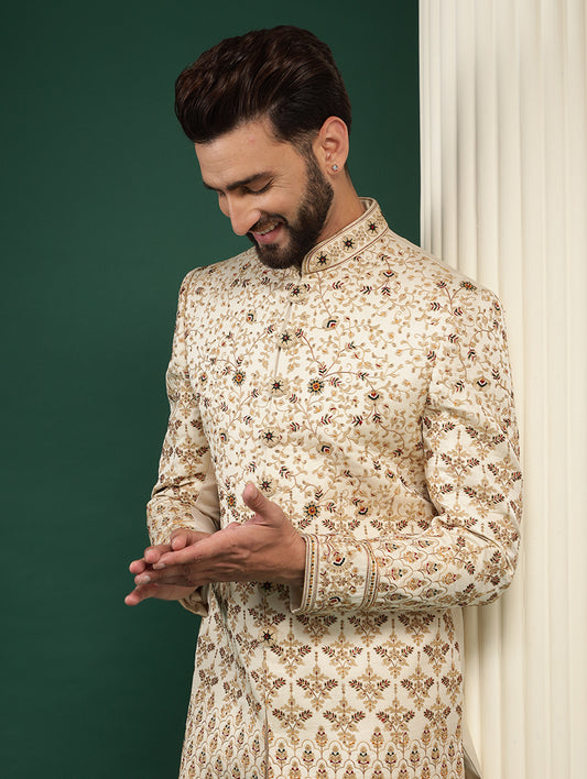 Royal Fawn Floral Motifs Groom Sherwani