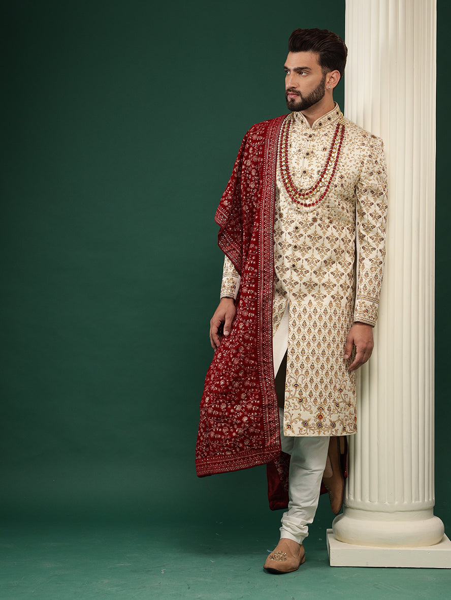 ROYAL FAWN FLORAL MOTIFS GROOM SHERWANI