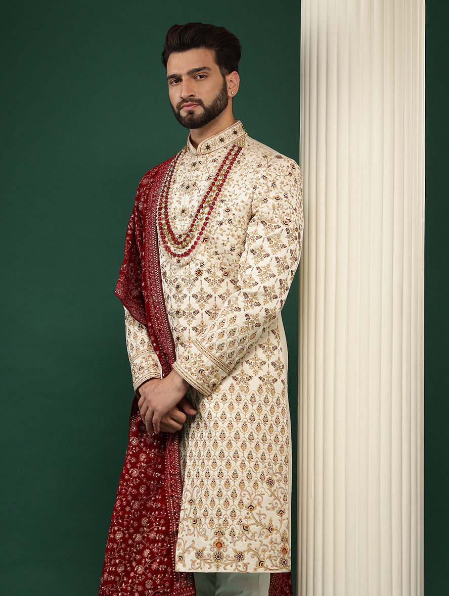 ROYAL FAWN FLORAL MOTIFS GROOM SHERWANI