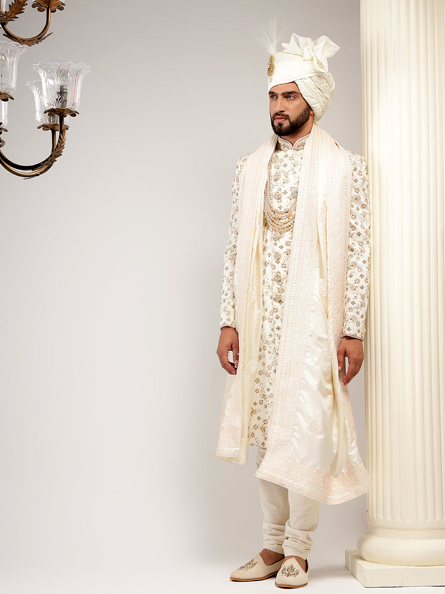 Pearled Ivory Floral Patterned Angrakha Style Sherwani Set