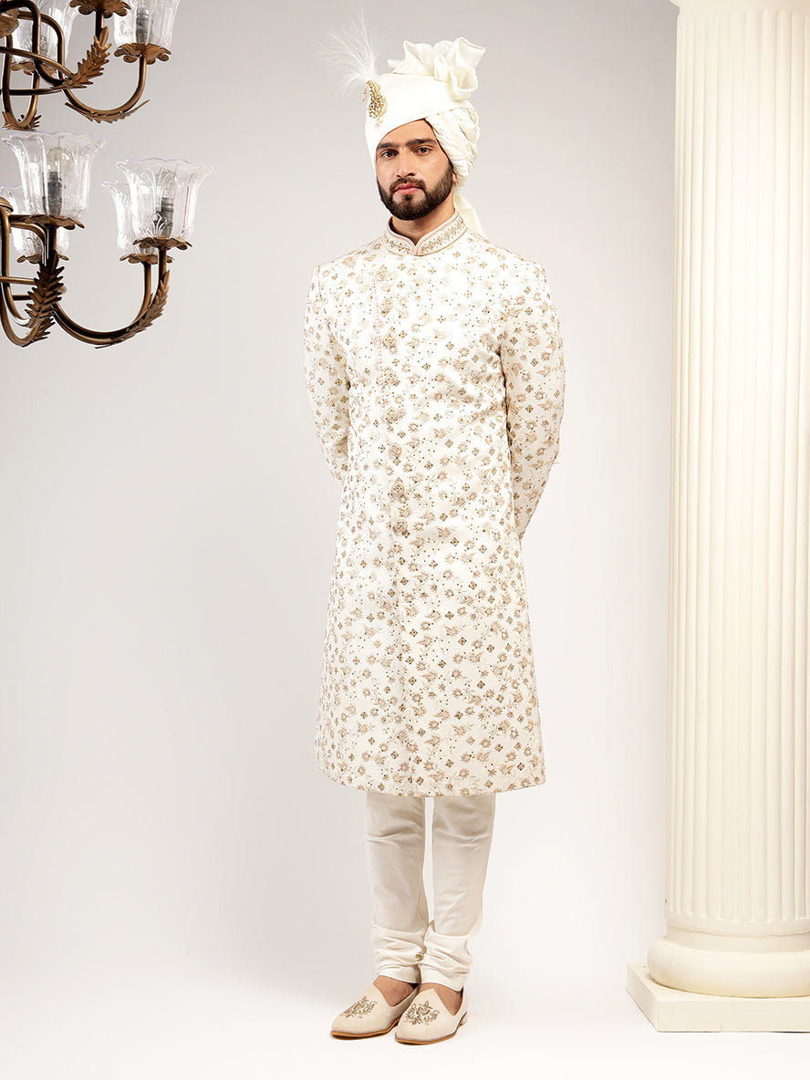 Pearled Ivory Floral Patterned Angrakha Style Sherwani Set