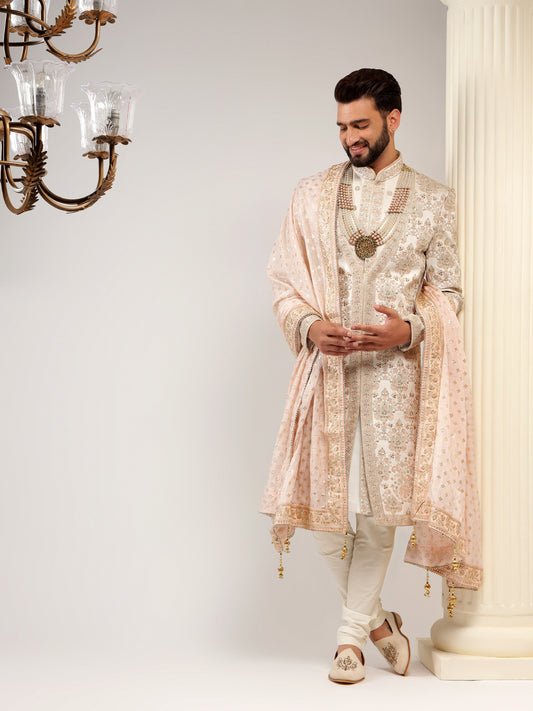 STYLISH CREAM SILK GROOM SHERWANI WITH THREADWORK EMBROIDERY