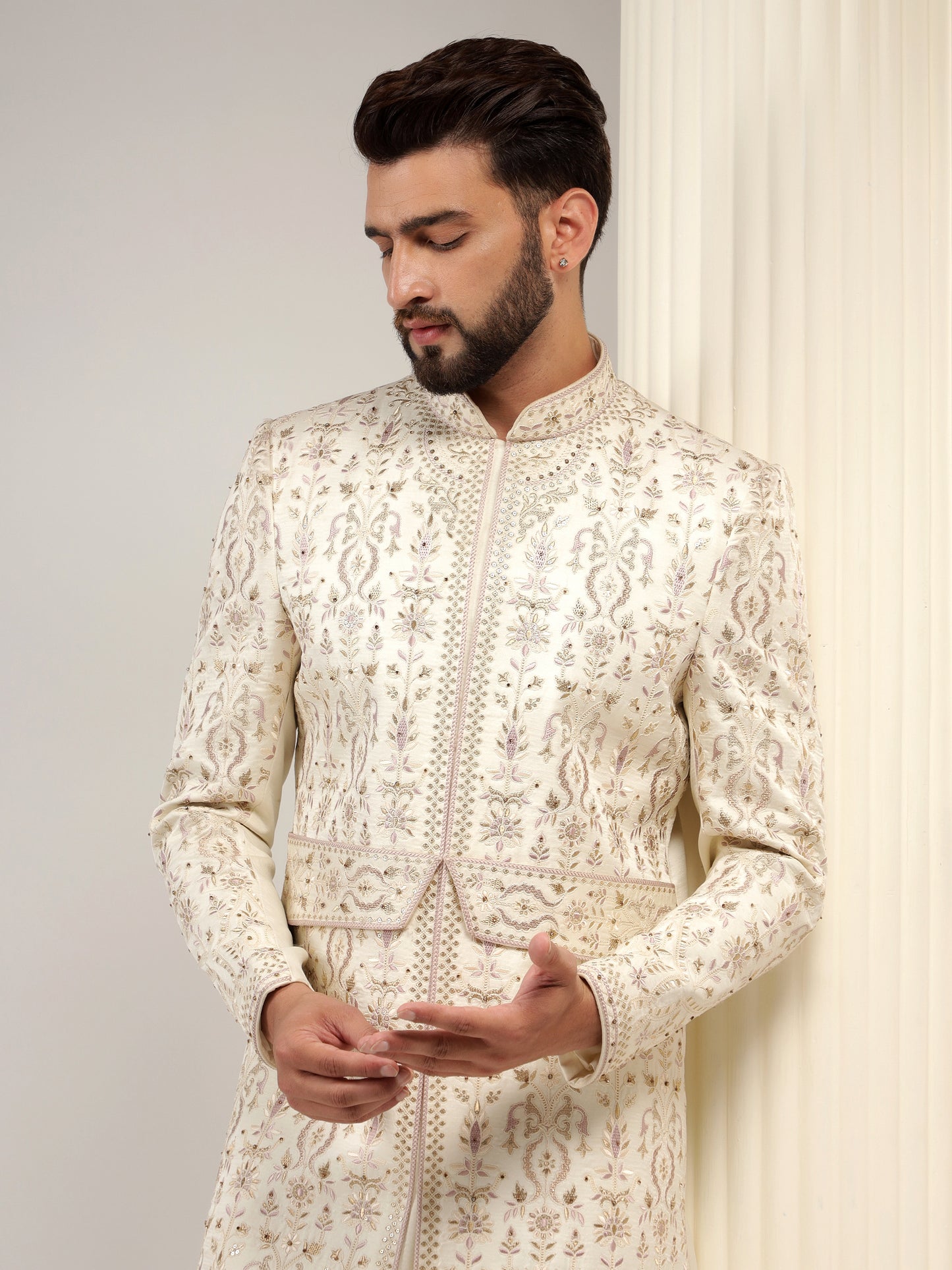 LIGHT CREAM SHERWANI WITH GRAPE PURPLE EMBROIDERY