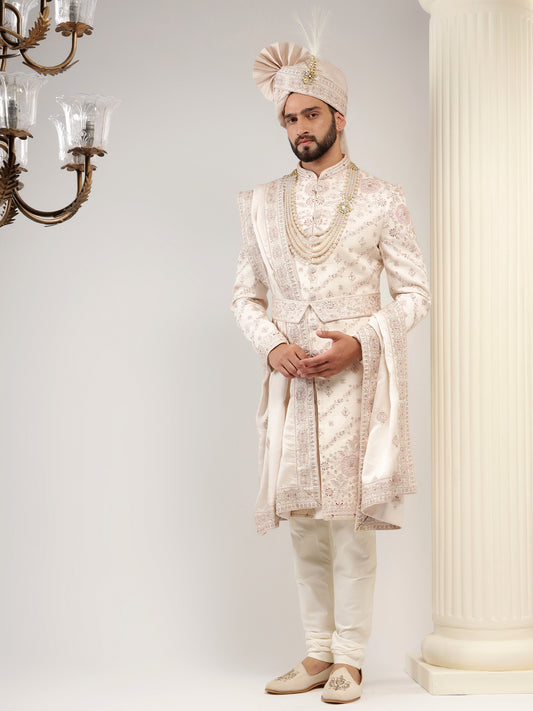 ROSE PINK SELF EMBROIDERED SHERWANI