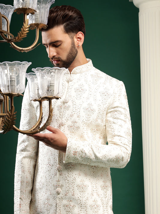 SHELL WHITE SHERWANI SET WITH ANTIQUE FLORAL EMBROIDERY