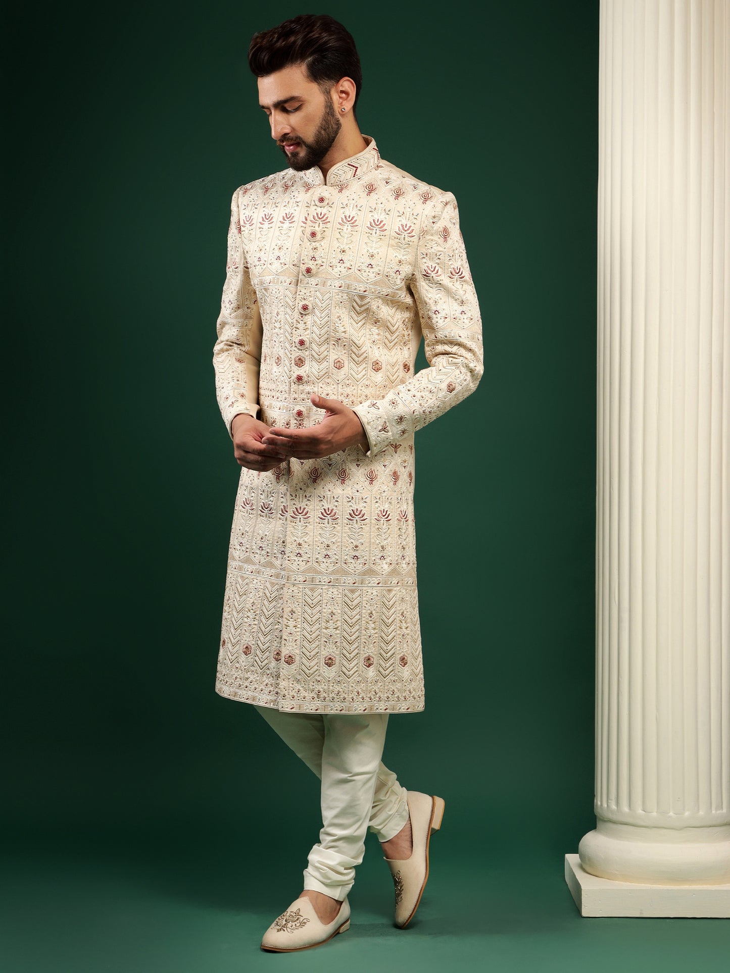 CLASSY CREAM SHERWANI WITH CONTRASTING MOTIFS