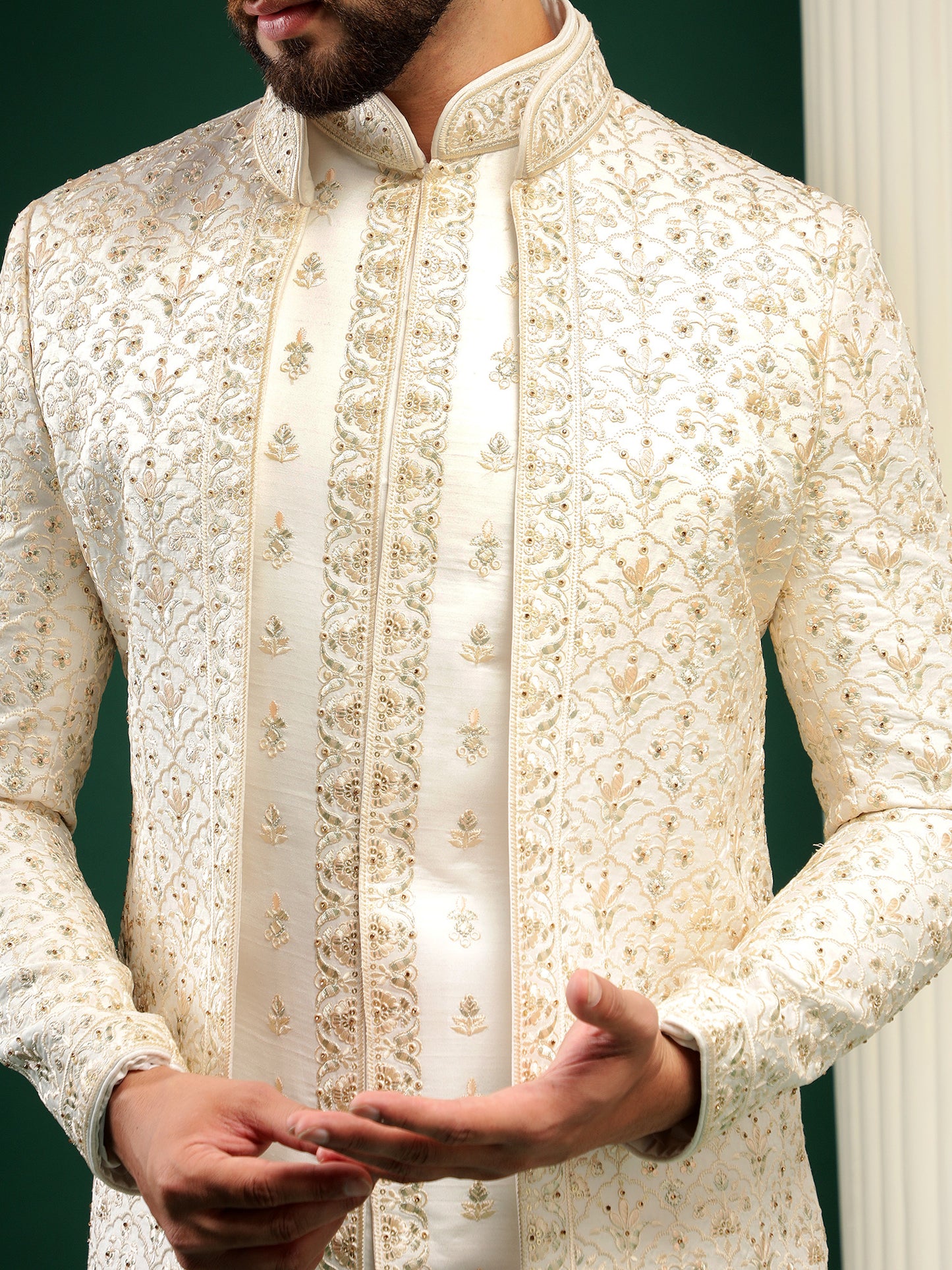 CREAM GOLD ACHKAN STYLE SHERWANI SET