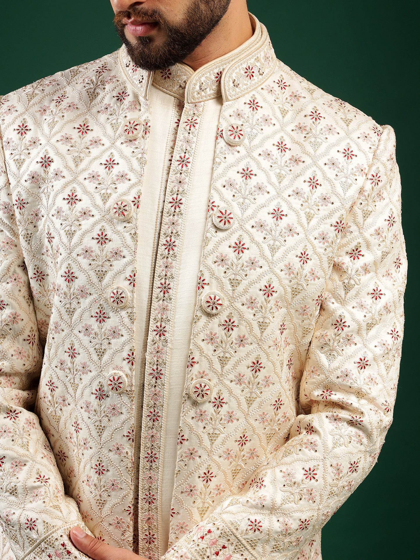 CHARM WHITE GEOMETRIC PATTERN ACHKAN STYLE SHERWANI SET