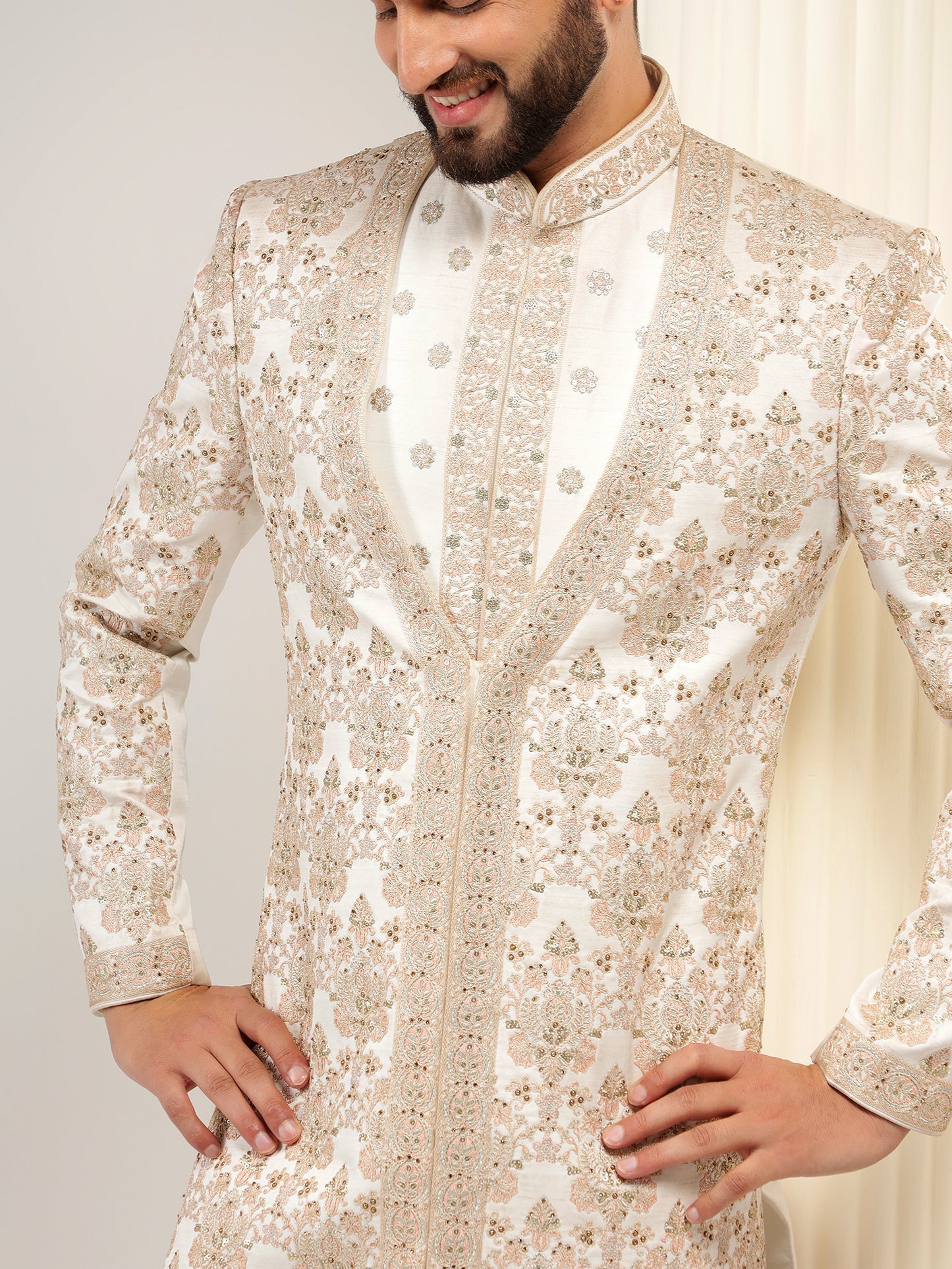 STYLISH CREAM SILK GROOM SHERWANI WITH THREADWORK EMBROIDERY