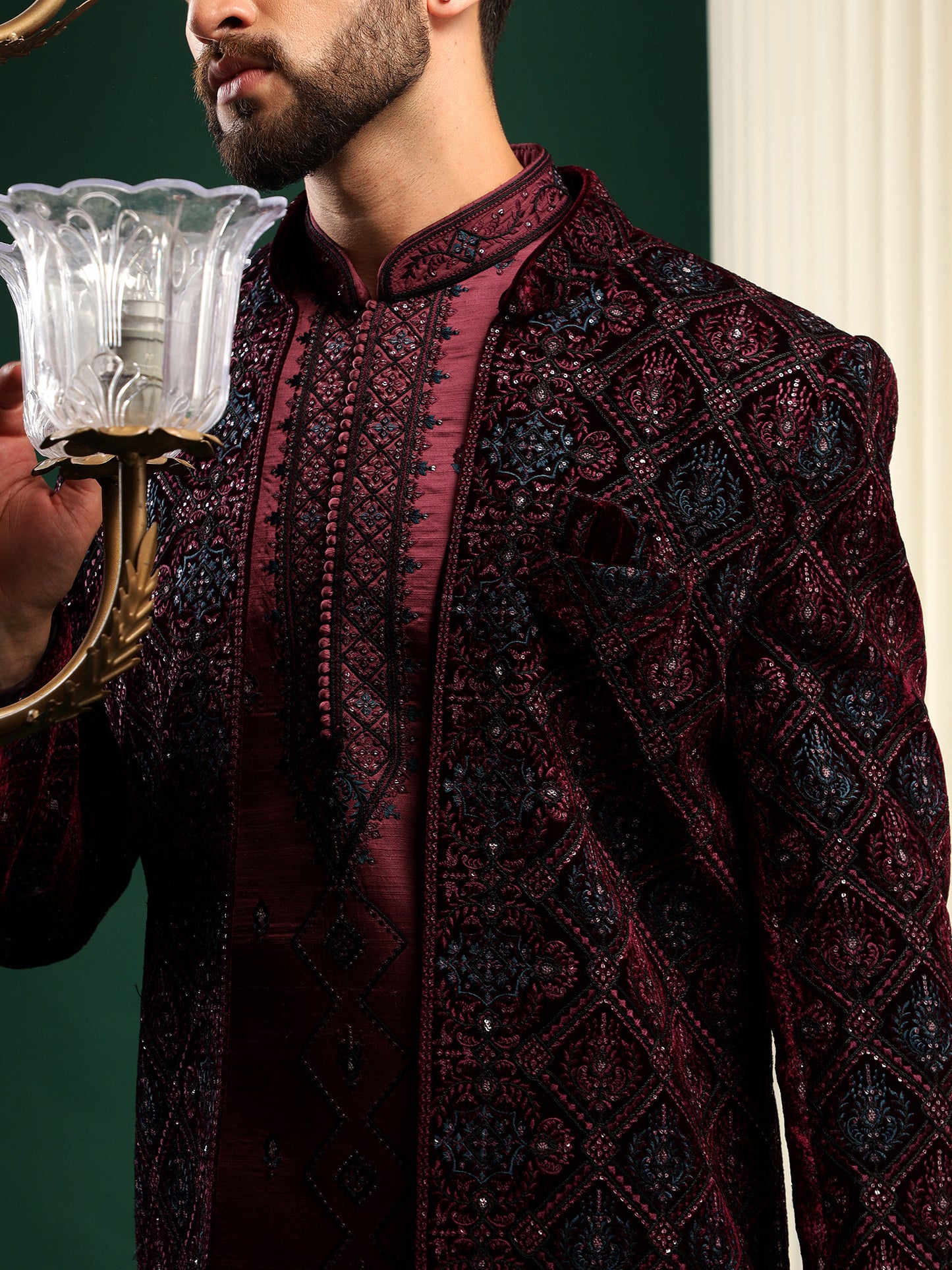 DEEP WINE STONE EMBELLISHED INDOWESTERN SET