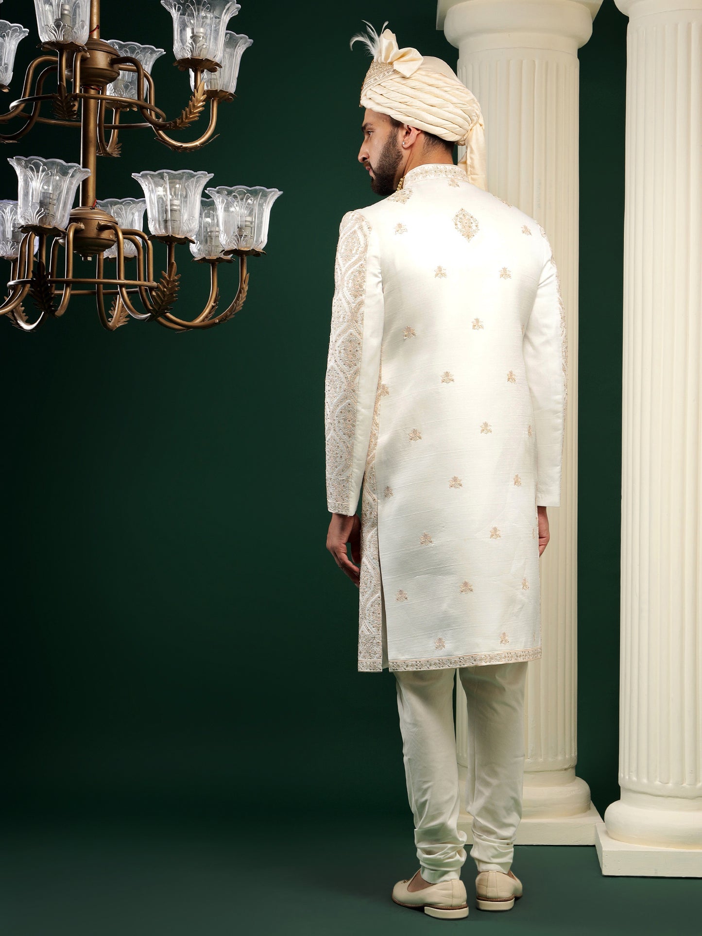 CLOUD CREAM MEDALLION PATTERN SHERWANI SET