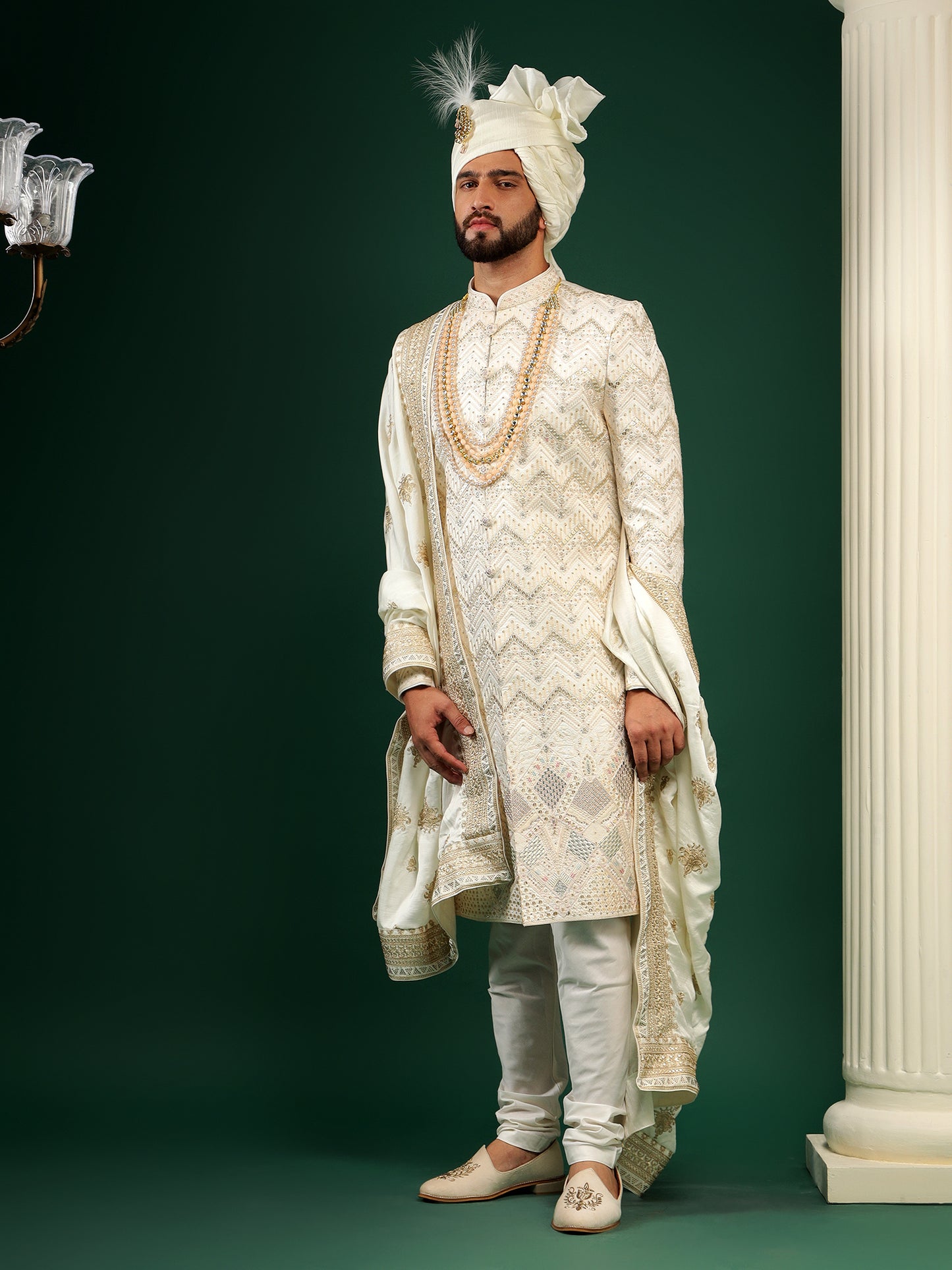 LIGHT CREAM SHERWANI WITH SELF PATTERN EMBROIDERY