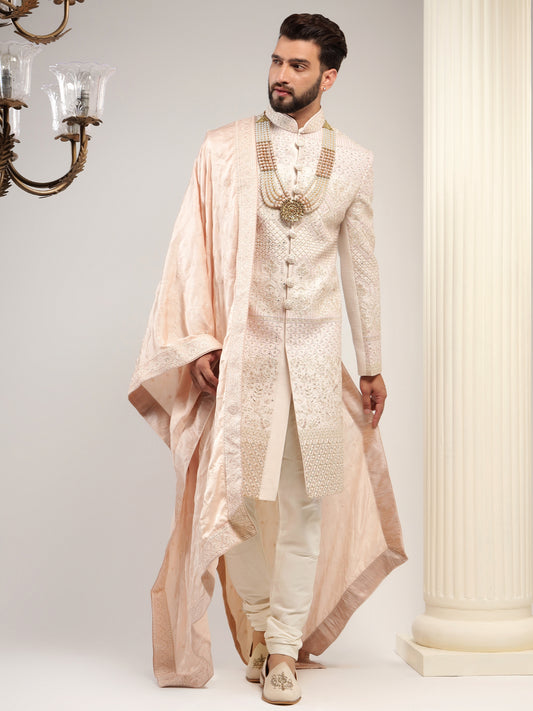 LIGHT PINK COLOR MIRROR WORK SHERWANI SET