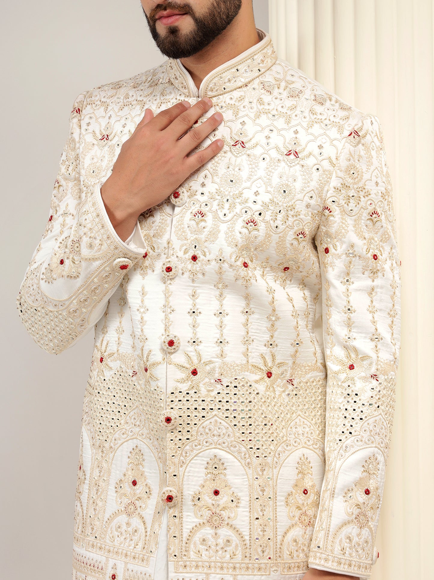 ELEGANT OFF WHITE RAW SILK SHERWANI SET