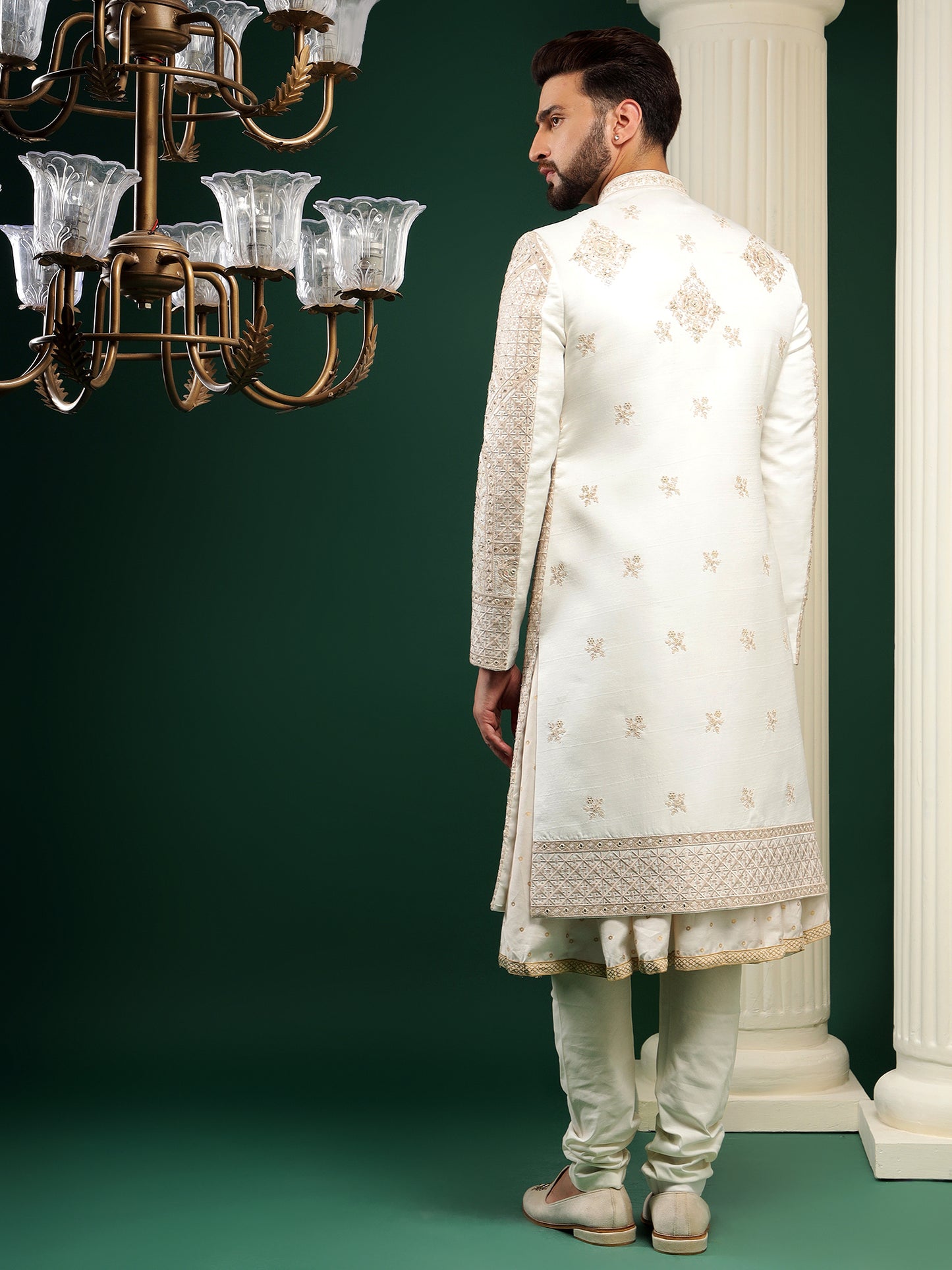 SUBTLE CREAM BIEGE PATTERNED EMBROIDERY SHERWANI SET