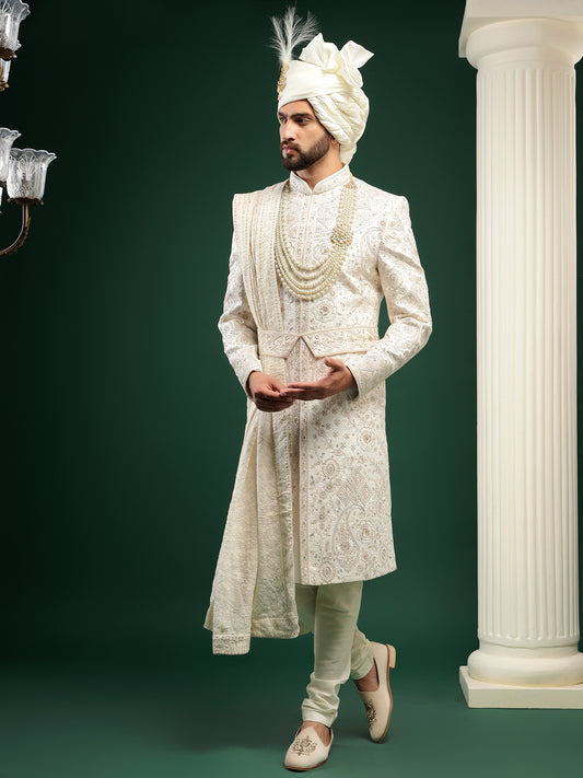 PRISTINE IVORY ETHNIC PATTERN SHERWANI