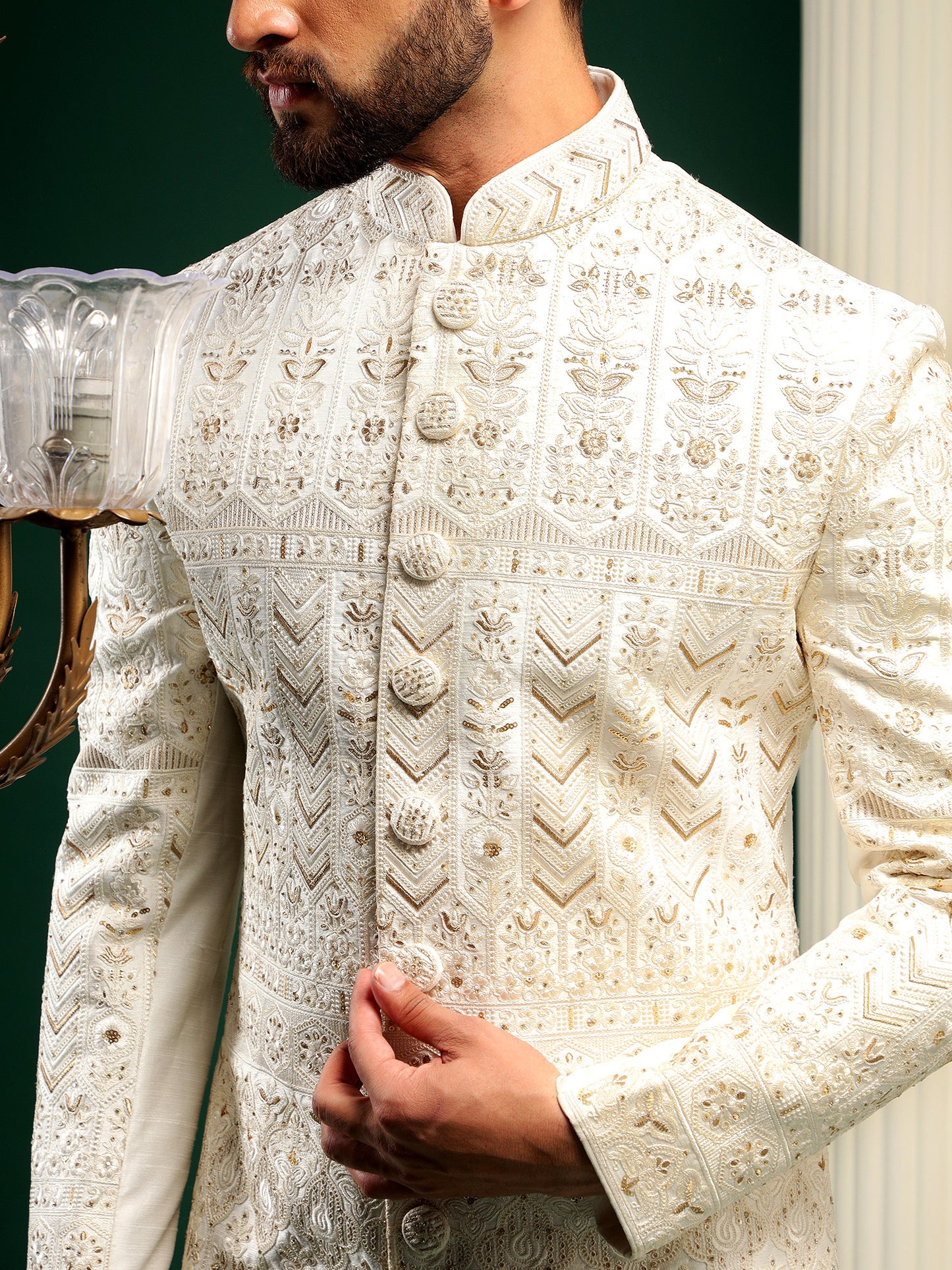 BRIGHT CREAM SHERWANI WITH ROYAL GOLD EMBROIDERY