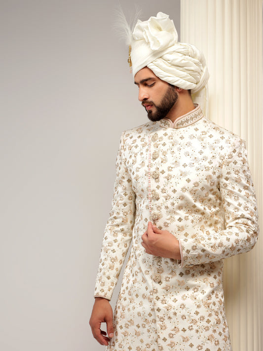 PEARLED IVORY FLORAL PATTERNED ANGHRAKHA STYLE SHERWANI SET