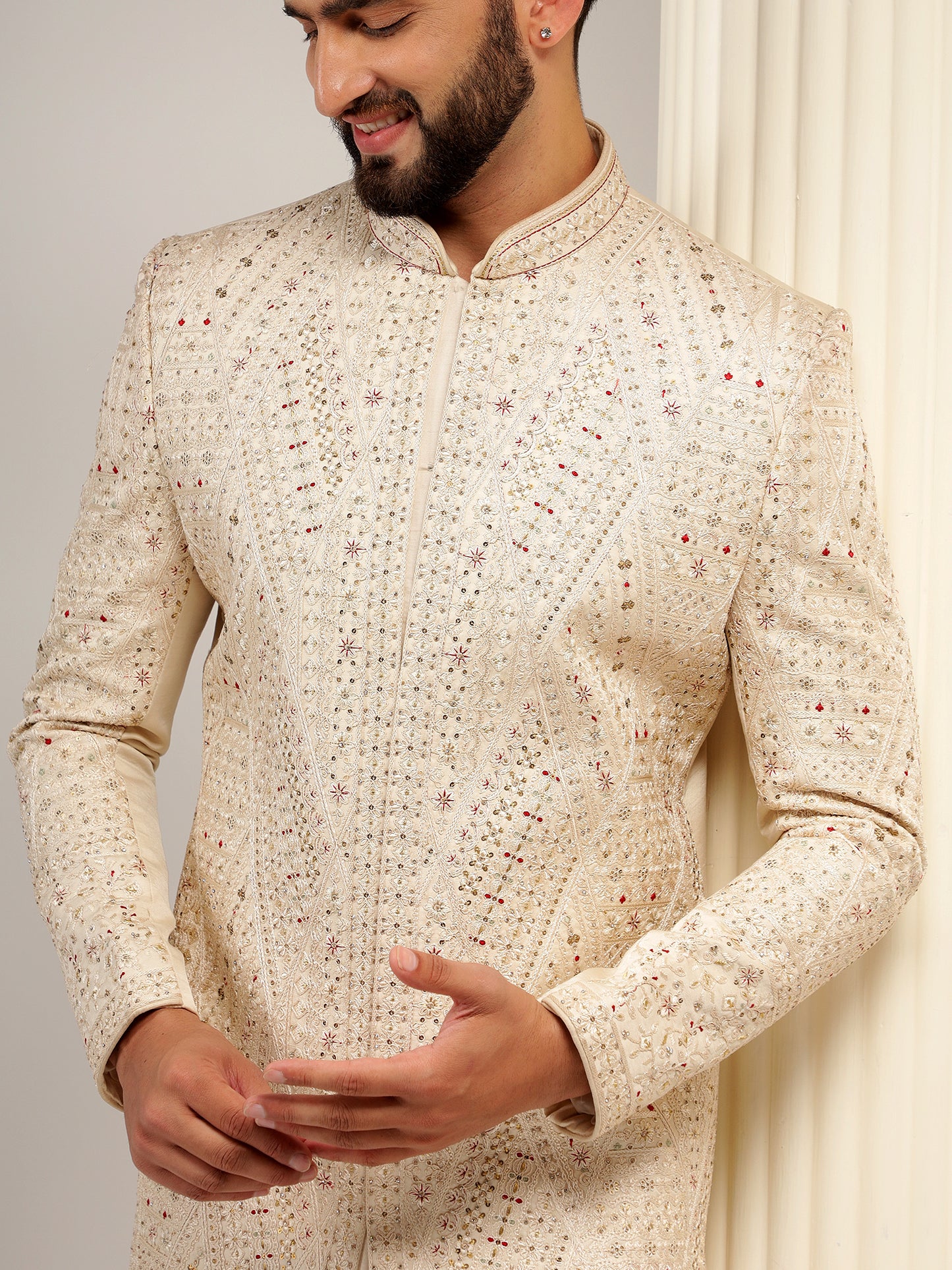 BEIGE SHERWANI SET WITH HEAVY EMBROIDERY WORK