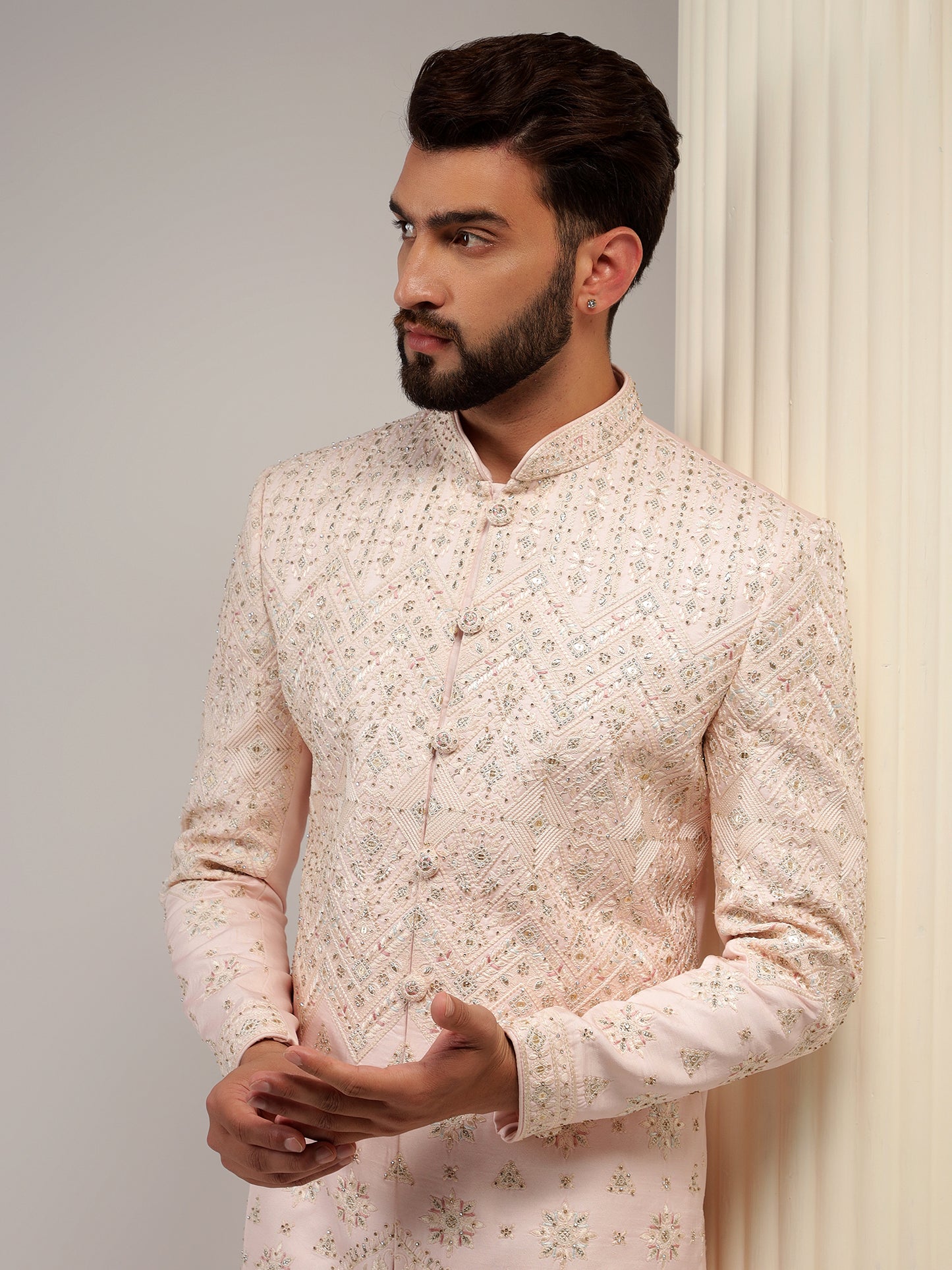 HAND EMBROIDERED RAW SILK LIGHT PINK SHERWANI SET