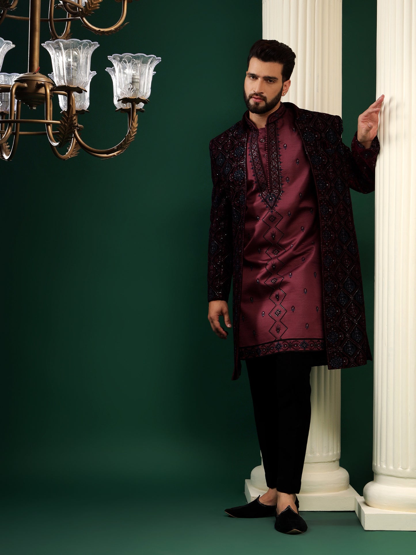 DEEP WINE STONE EMBELLISHED INDOWESTERN SET