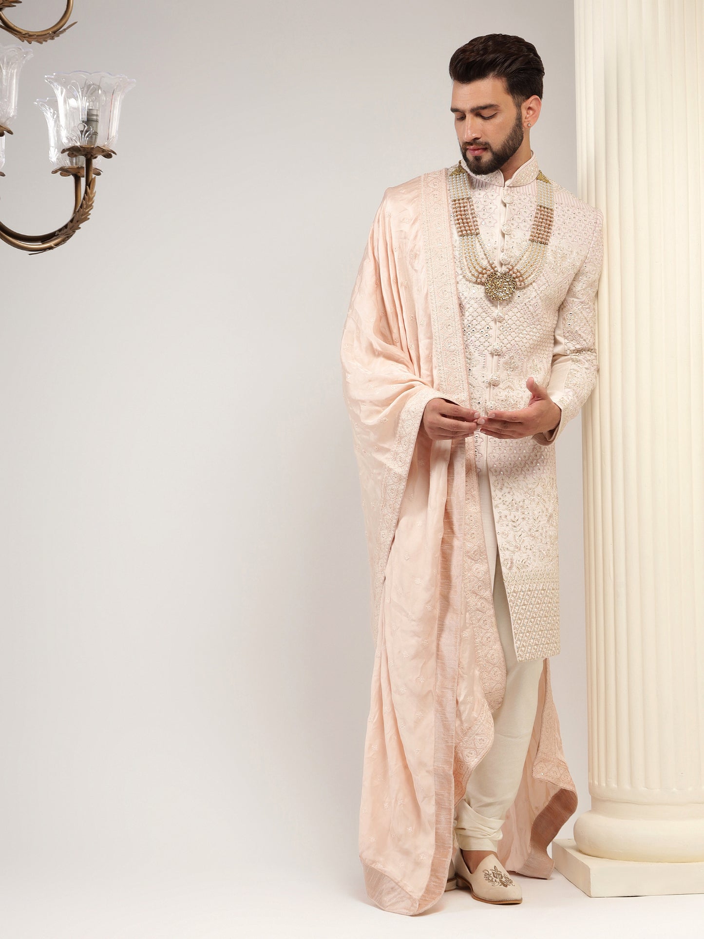 LIGHT PINK COLOR MIRROR WORK SHERWANI SET