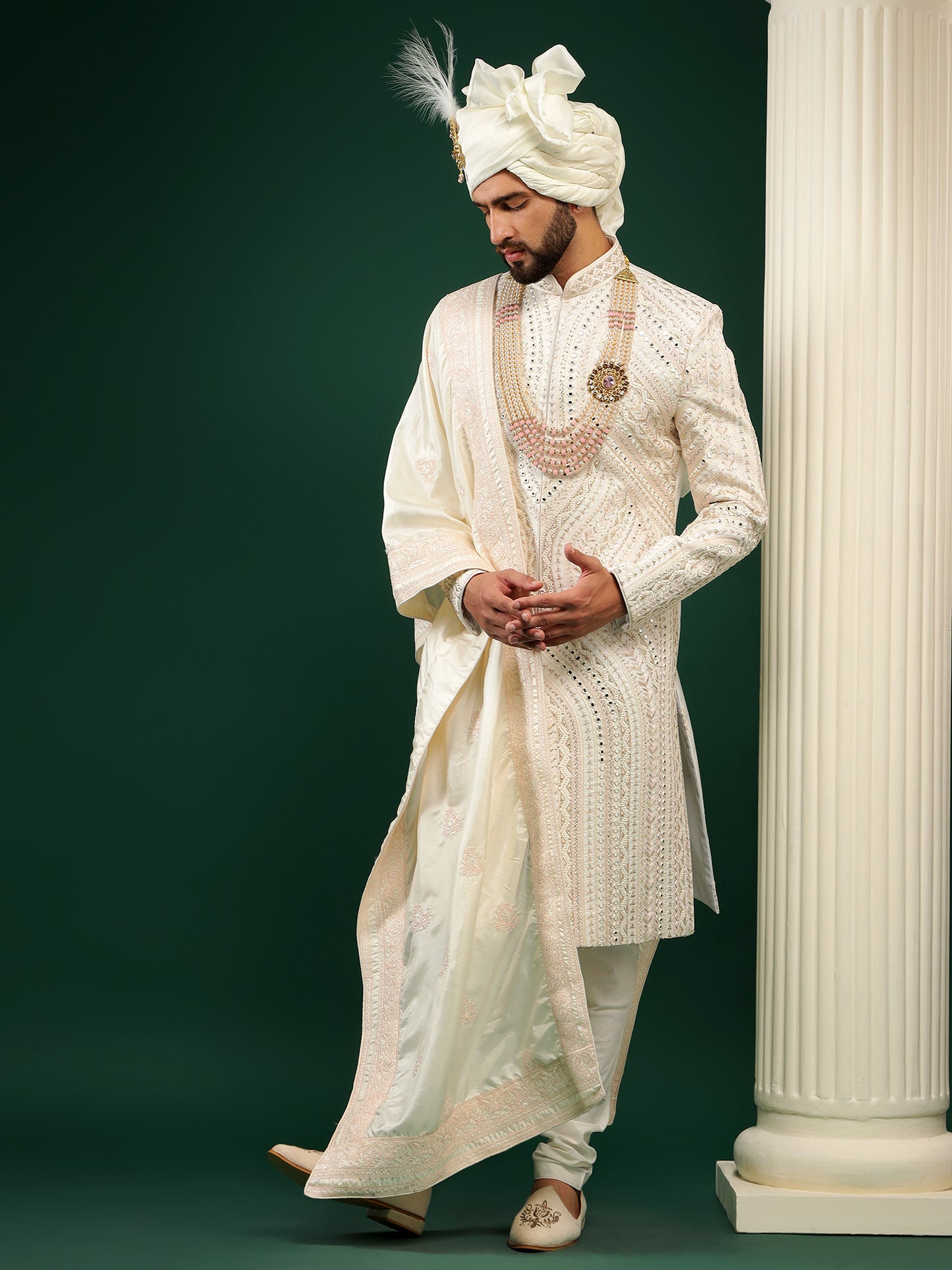 OFF WHITE COLOR MIRROR EMBELISHED SHERWANI SET