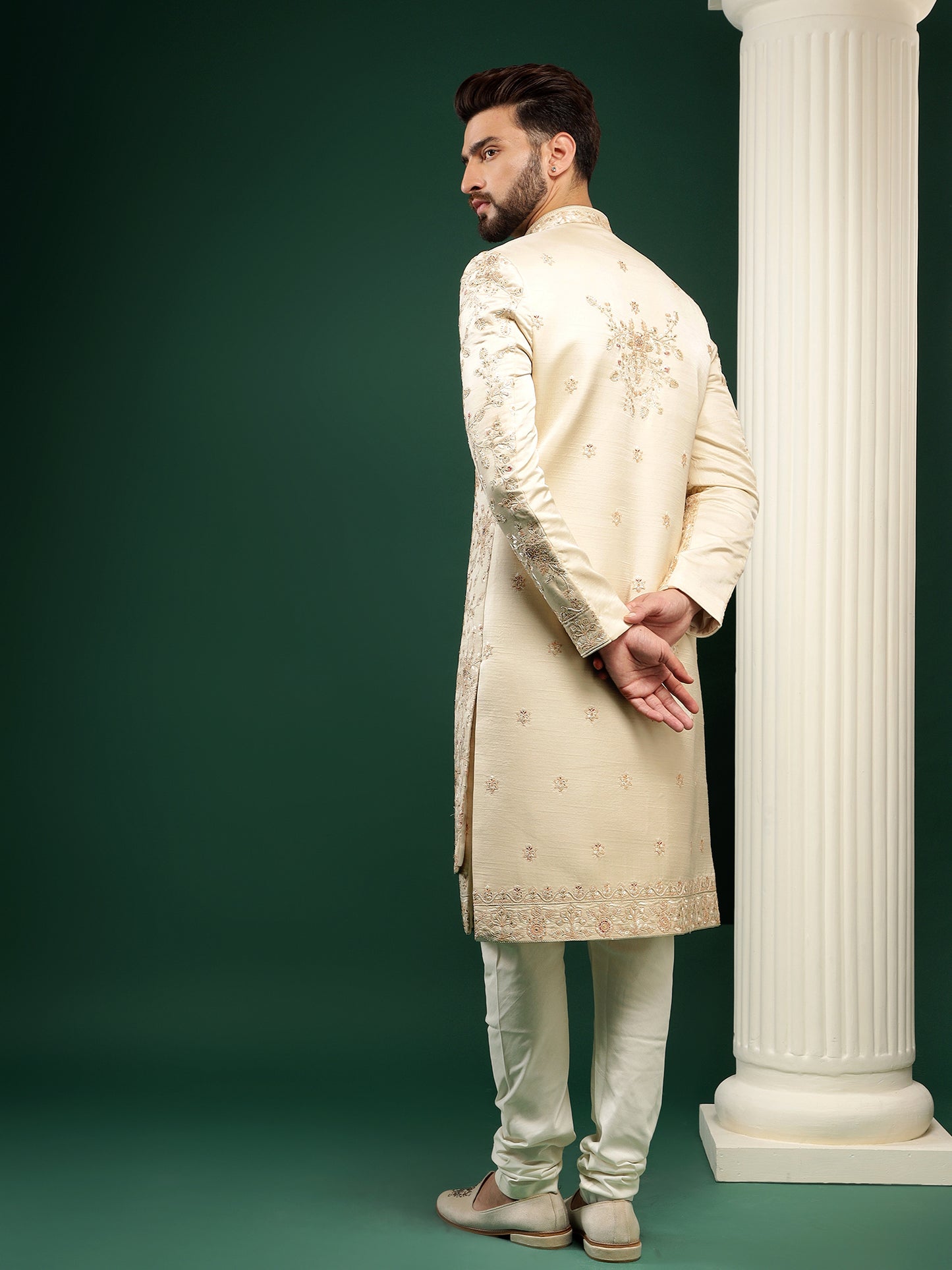 PALE GOLD JACKET STYLE SHERWANI WITH ALL OVER WORK