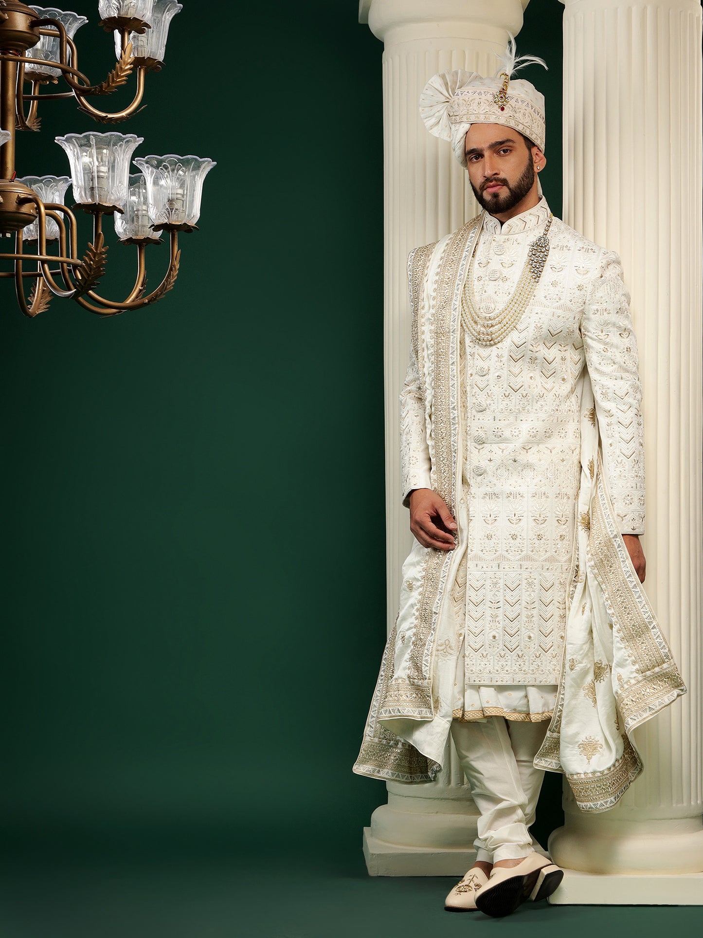 BRIGHT CREAM SHERWANI WITH ROYAL GOLD EMBROIDERY