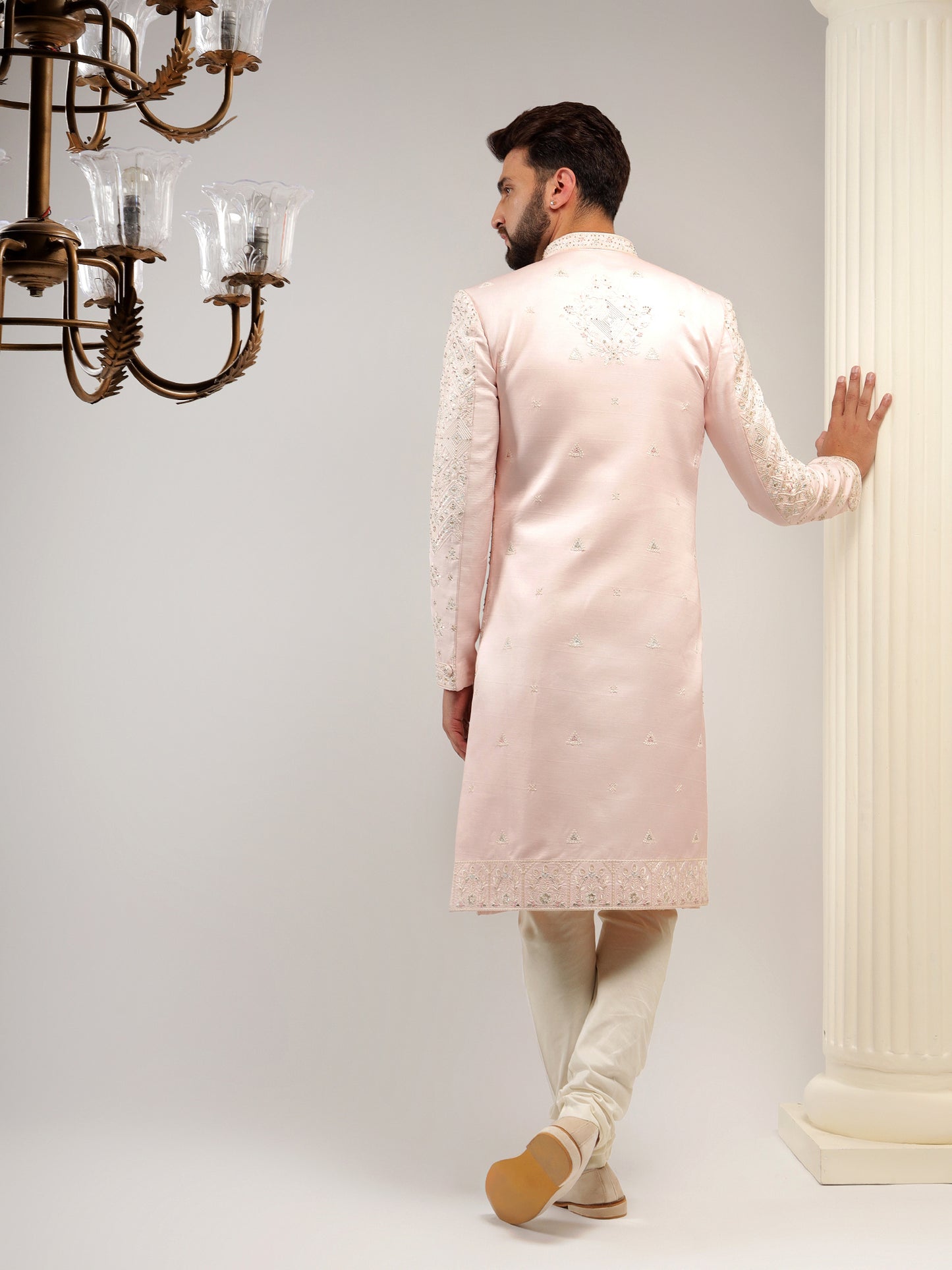 HAND EMBROIDERED RAW SILK LIGHT PINK SHERWANI SET