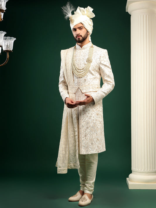 PRISTINE IVORY ETHNIC PATTERN SHERWANI