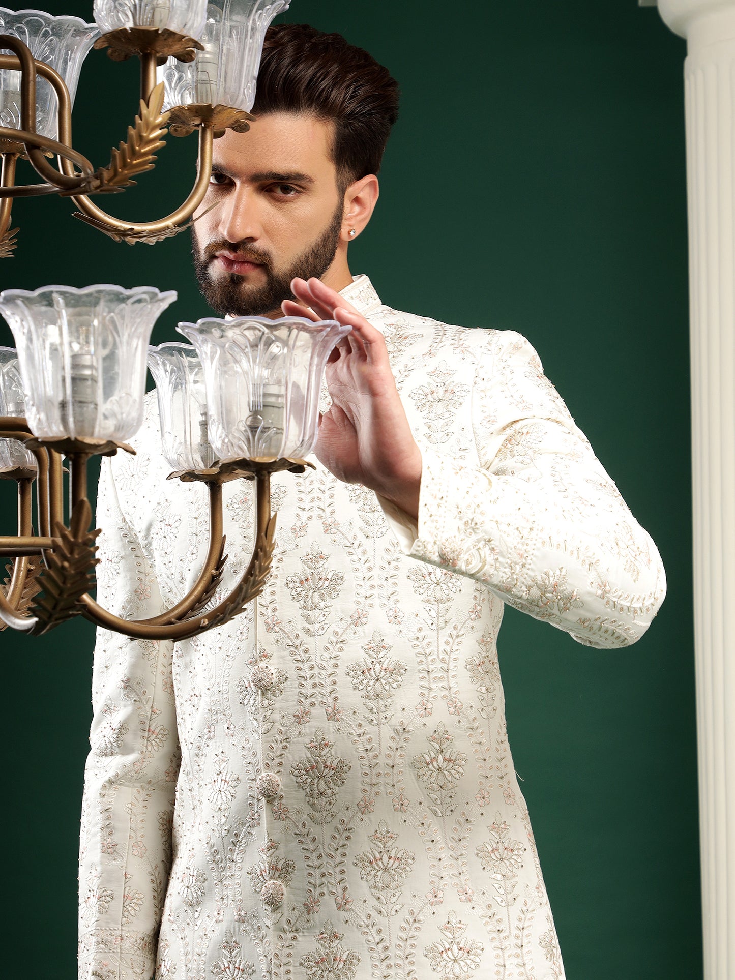 SHELL WHITE SHERWANI SET WITH ANTIQUE FLORAL EMBROIDERY