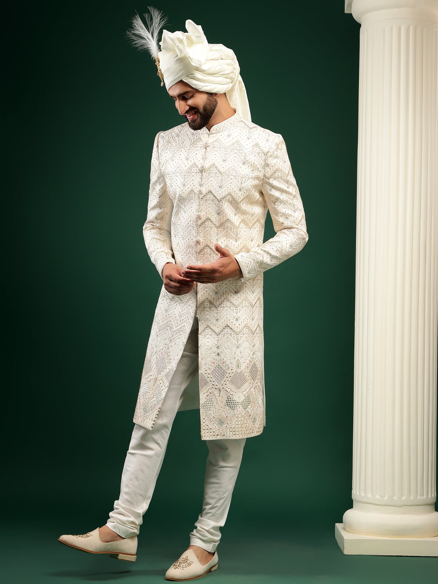 LIGHT CREAM SHERWANI WITH SELF PATTERN EMBROIDERY