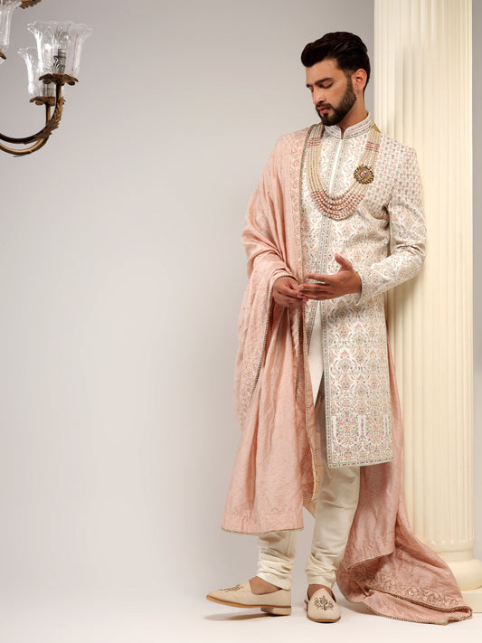 PEARL WHITE SHERWANI WITH BLUSH PINK EMBROIDERY