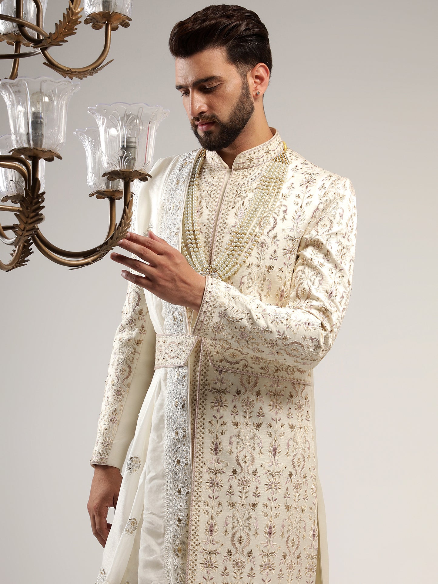 LIGHT CREAM SHERWANI WITH GRAPE PURPLE EMBROIDERY