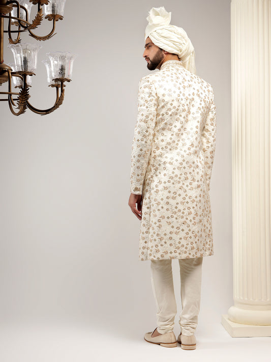 PEARLED IVORY FLORAL PATTERNED ANGHRAKHA STYLE SHERWANI SET