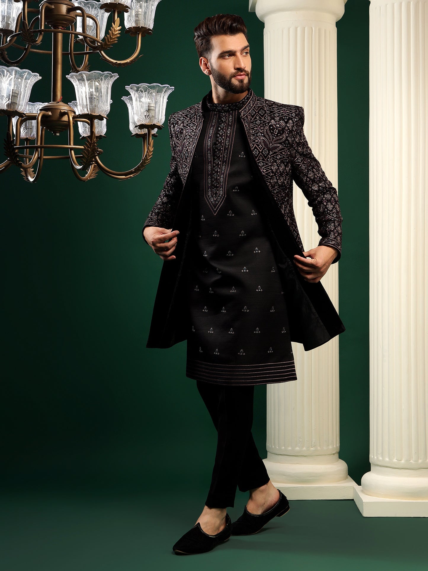 MIDNIGHT BLACK TRADITIONAL PATTERNED INDOWESTERN SET