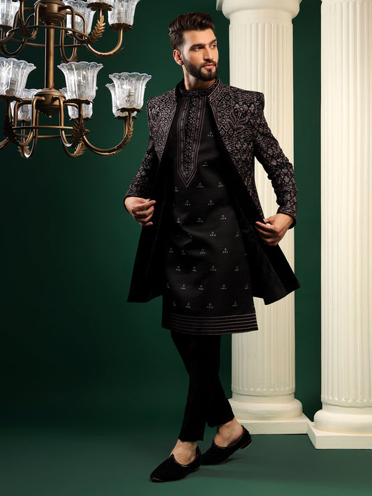 MIDNIGHT BLACK TRADITIONAL PATTERNED INDOWESTERN SET