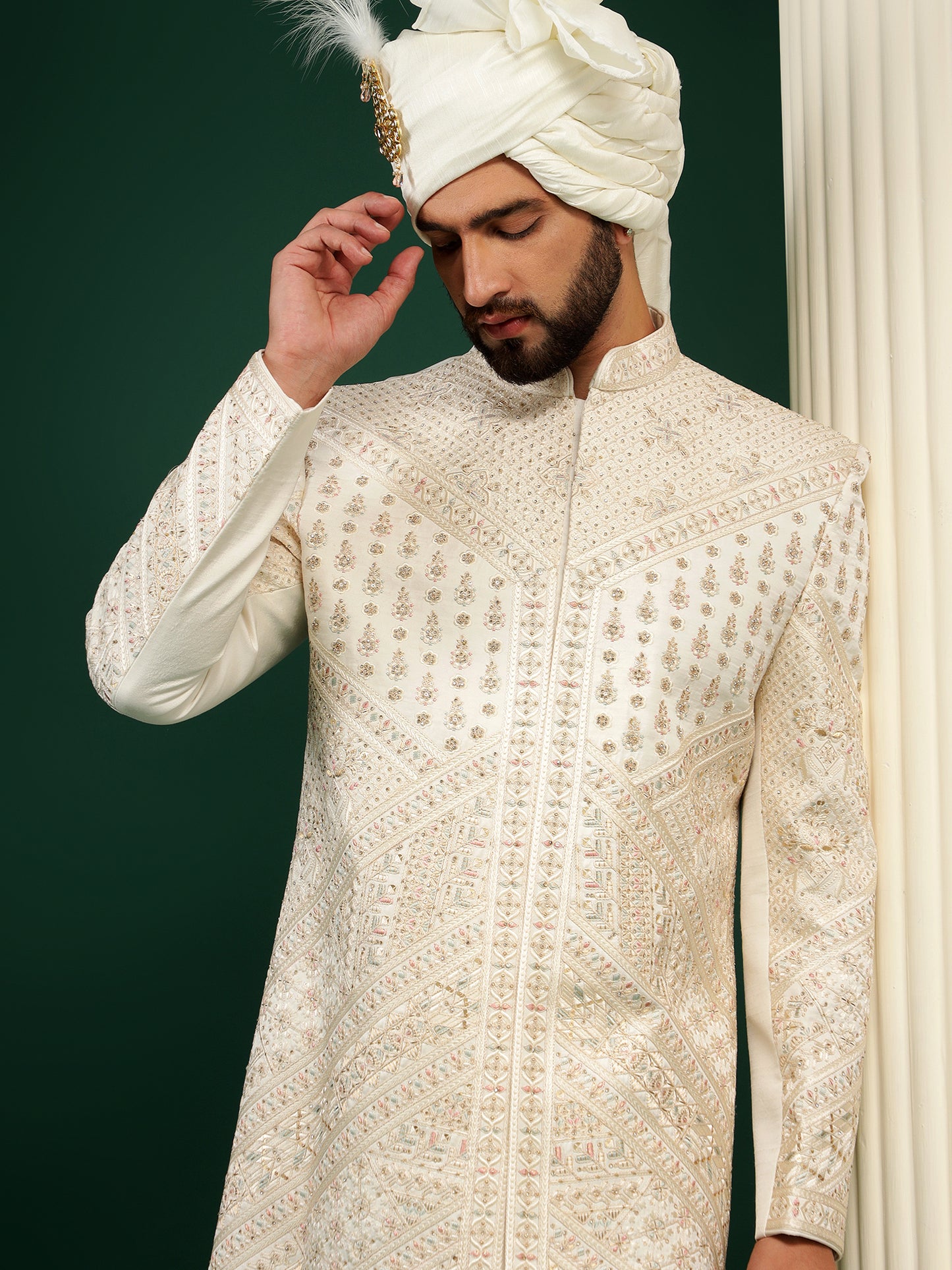 IVORY CREAM PINK FLORAL AND PAISELY PATTERNED SHERWANI SET