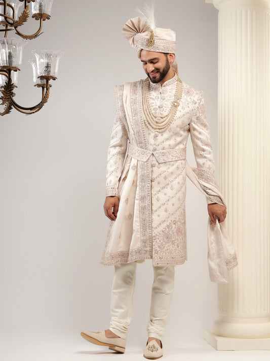 ROSE PINK SELF EMBROIDERED SHERWANI