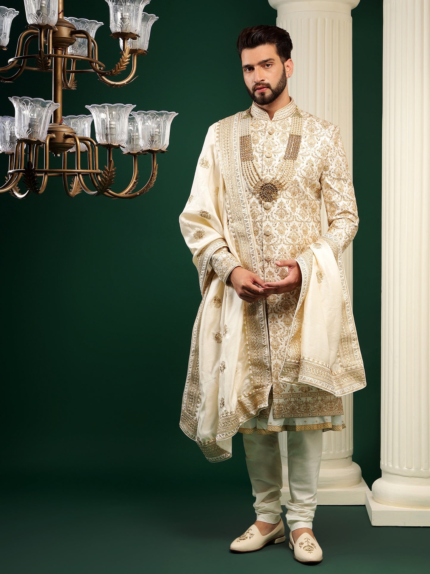 ENIGMATIC GOLD SHERWANI WITH TRADITIONAL MOTIFS