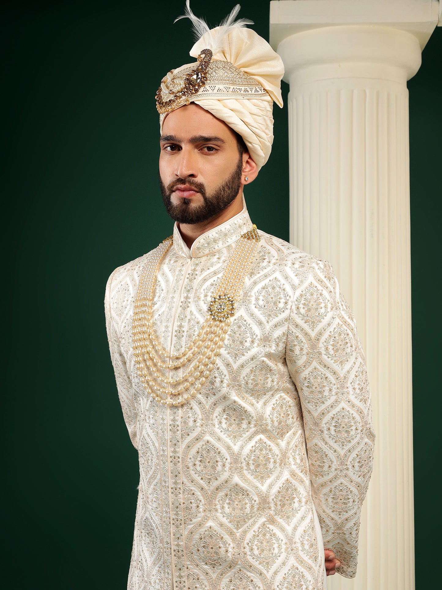 CLOUD CREAM MEDALLION PATTERN SHERWANI SET