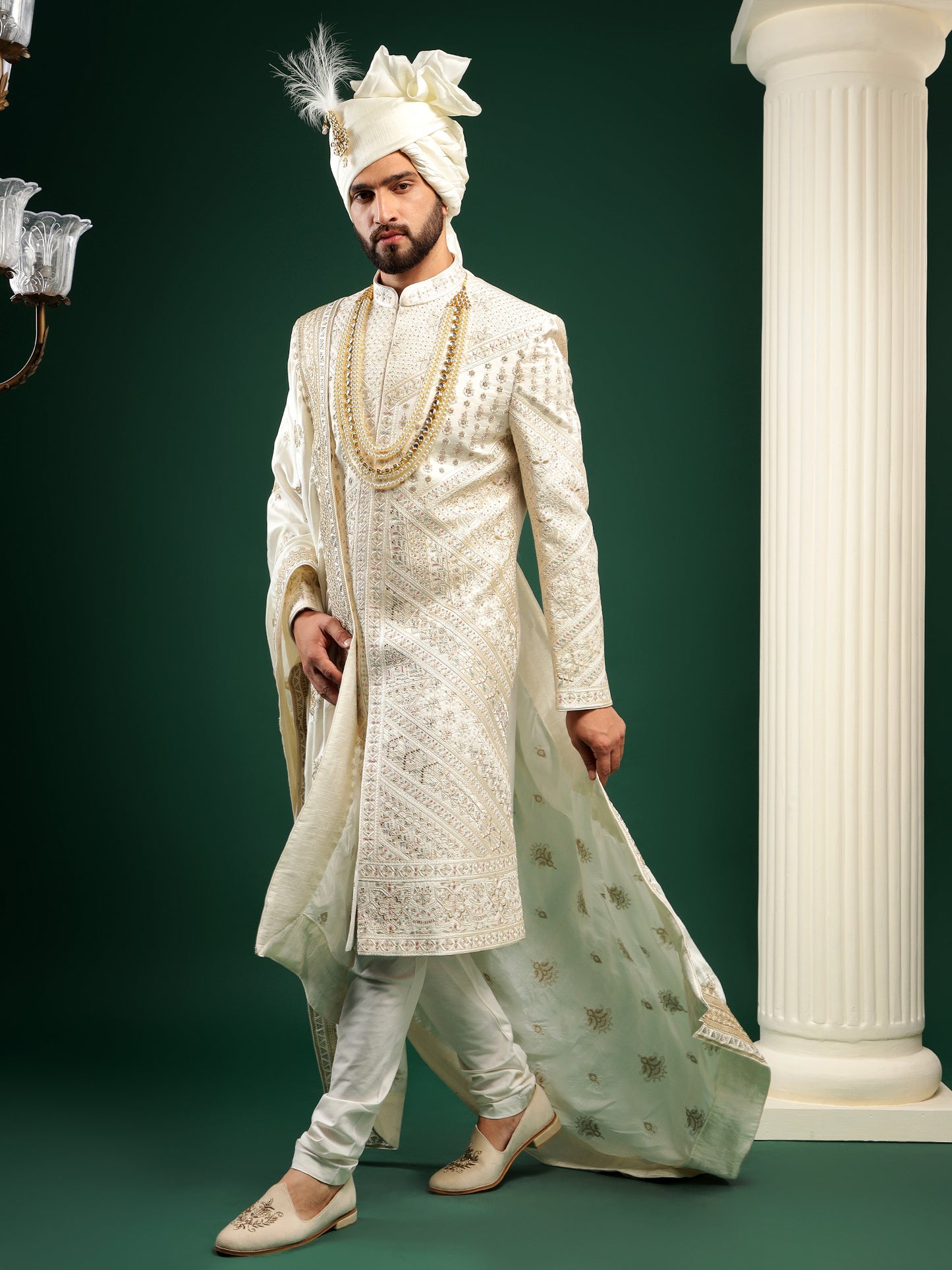 IVORY CREAM PINK FLORAL AND PAISELY PATTERNED SHERWANI SET