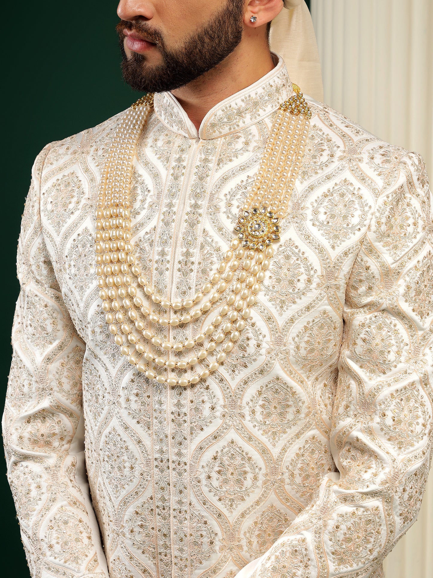 CLOUD CREAM MEDALLION PATTERN SHERWANI SET