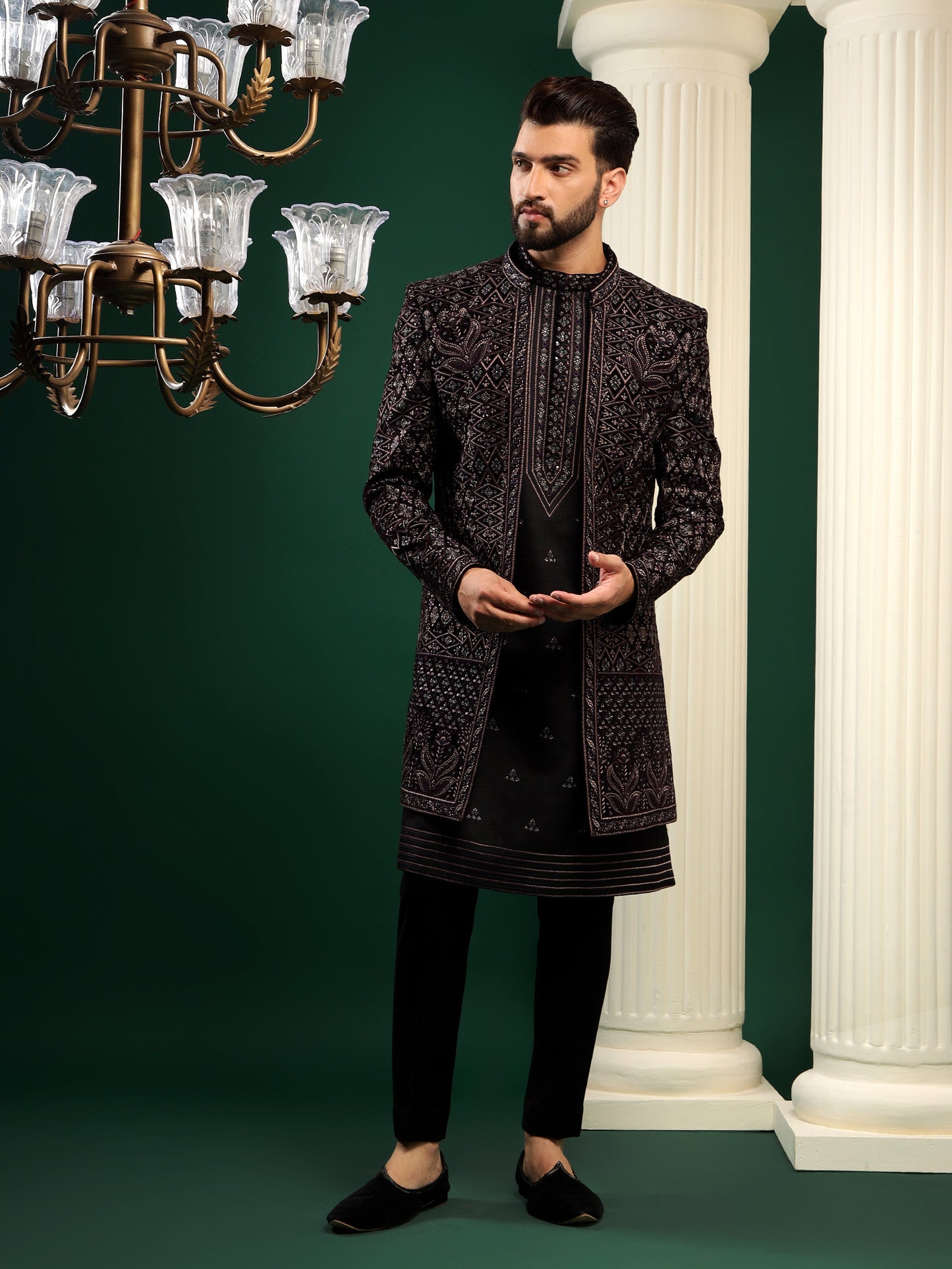 MIDNIGHT BLACK TRADITIONAL PATTERNED INDOWESTERN SET